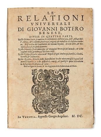 TRAVEL  BOTERO, GIOVANNI.  Le Relationi Universali.  1600